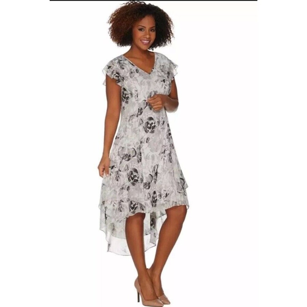 H By Halston Petite Rose Hi Low Dress Size US 14 / UK 18 Gray Black Floral Party